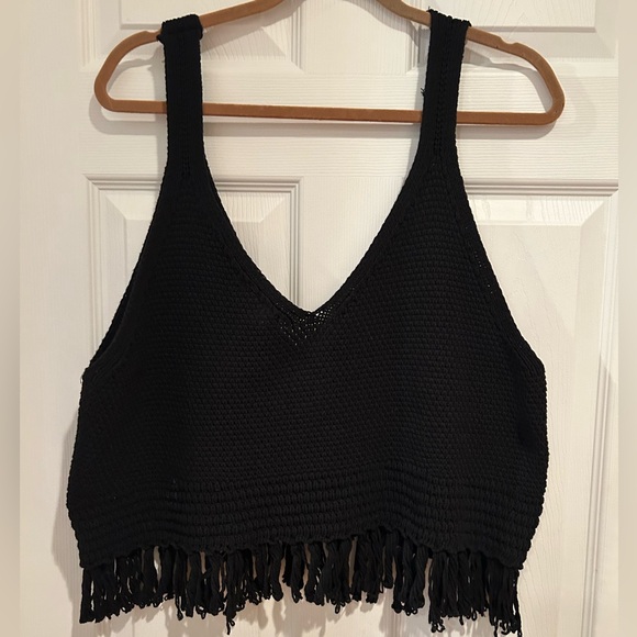 NWT Anthropologie Black Knit Fringe Tank Top - Picture 2 of 7